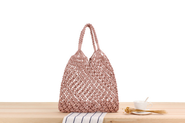 New Solid Color One-shoulder Woven Straw Cotton Rope Net Pocket Beach Bag 35*48cm display picture 3