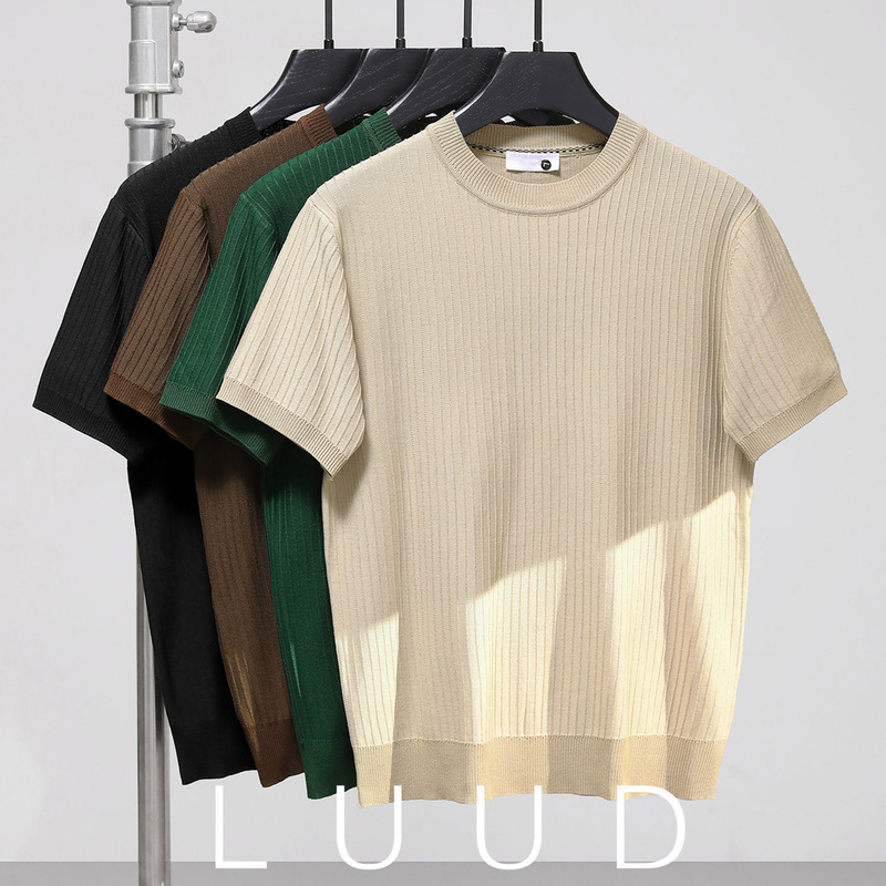 Short-Sleeve Knit T-Shirt for Men, Ice Silk, Summer Vertical Stripe Texture, Old Money Style, Slim Fit, Business, Cross-Border Factory Wholesale
