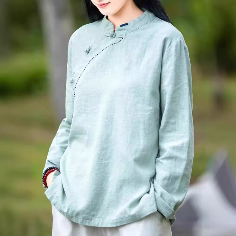 綿とリネンのレトロなスタンドカラー長袖レディース2025春秋新作中国茶服ボタンプルオーバートップ長袖Tシャツ|undefined