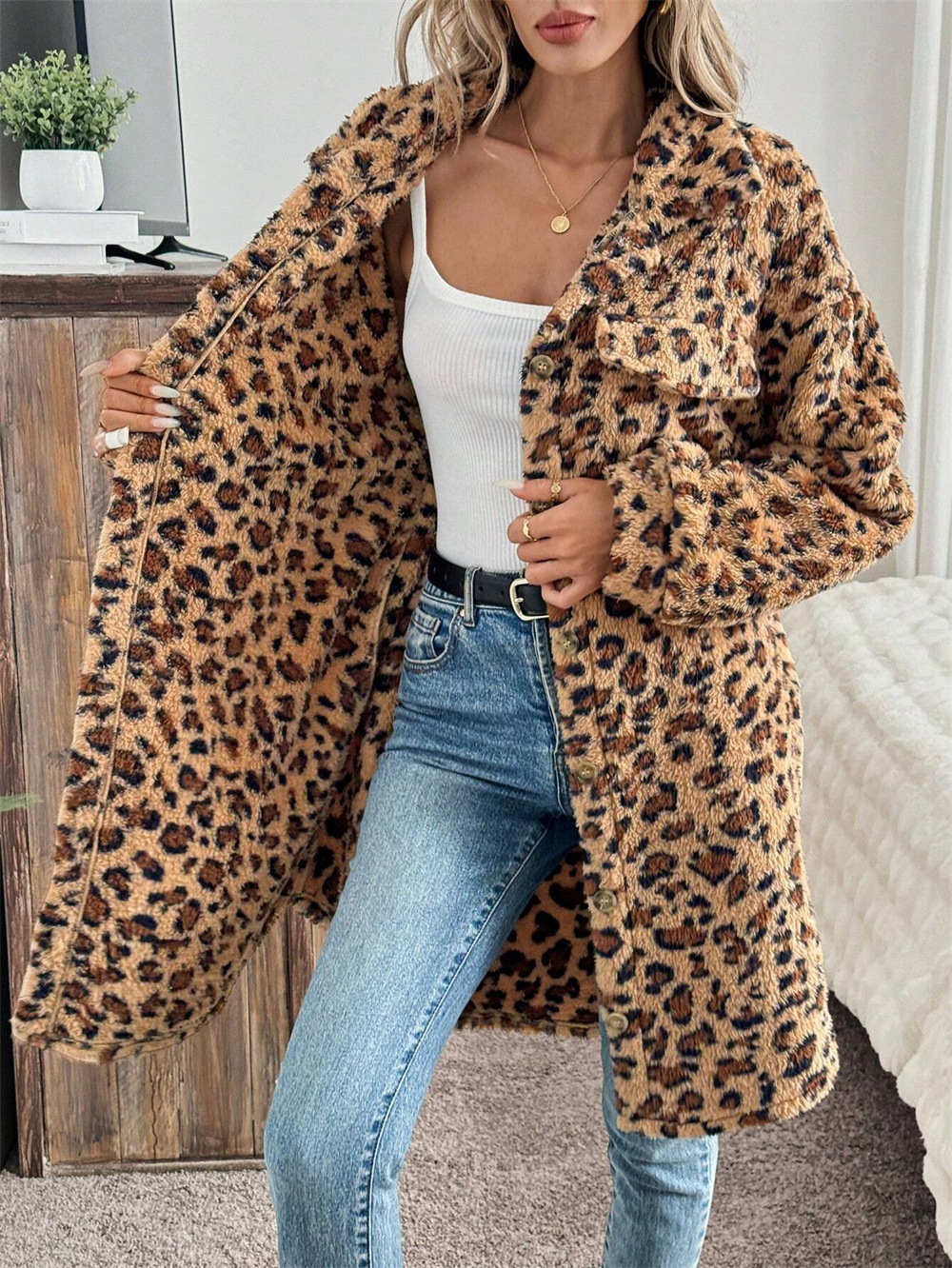 ​​Women’s Oversized Leopard Print Trench Coat – Long Sleeve Button-Up Polyester Windbreaker, Streetwear Fashion For Fall & Winter​​_voghion.com