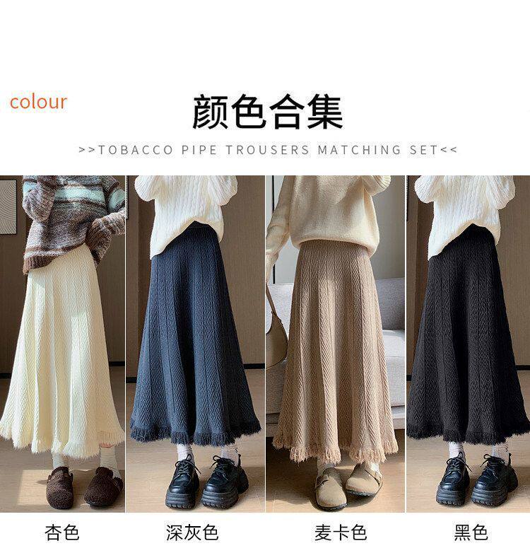 Chân váy dệt kim dày nữ dáng chữ A cạp cao xếp ly tua rua dáng dài — màu kaki, màu mơ, xám đậm, đen chi tiết 14