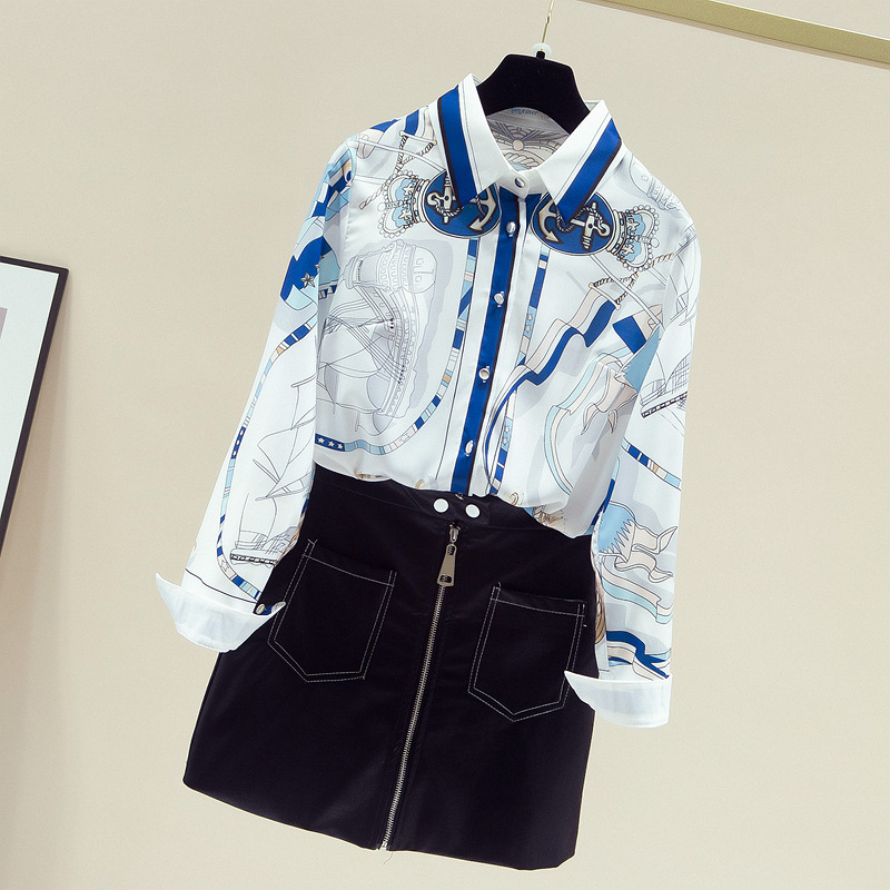 Women's Clothing 2024 early autumn real shot interesting printed chiffon shirt polo collar long sleeved floral commuter shirt women's tops_voghion.com
