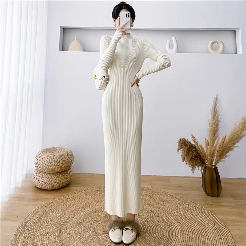 Half-high Collar Long-sleeved dress Women's Autumn and Winter Chic Slim-fit Inner Slimming Base Hip Knitted Sweater Dress