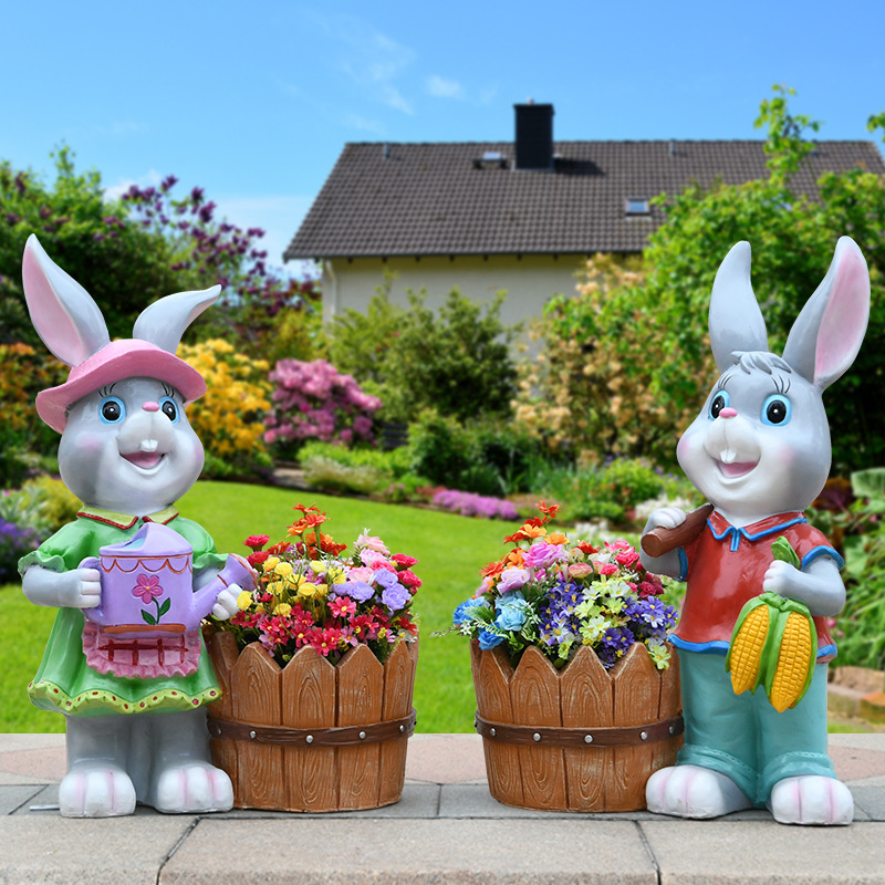 Garden Cartoon Rabbit Flower Tank Gardening Planting Animal Flower Pot Glass Fiber Reinforced Plastic Sculpture Decorations Lawn Set Ornaments