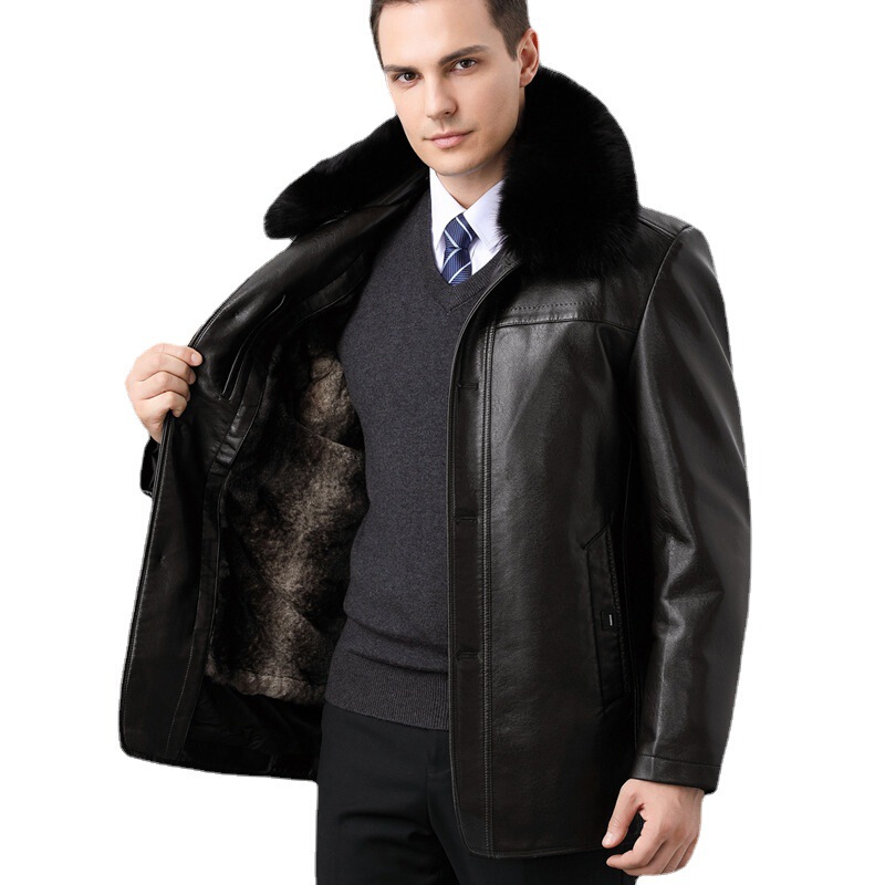 Men's Winter Detachable Liner Genuine Leather Jacket with Buttons, Leather Coat with Real Fur Collar, Fleece-Lined and Thickened Men's Winter Detachable Liner Genuine Leather Jacket with Buttons, Leather Coat with Real Fur Collar, Fleece-Lined and Thickened