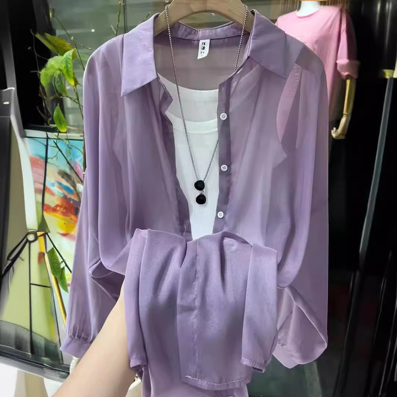 2026 New Fashion Versatile Top with Pearlescent Chiffon, Sun-Protective Clothing, Lantern Sleeve Shirt, Mid-Length Style