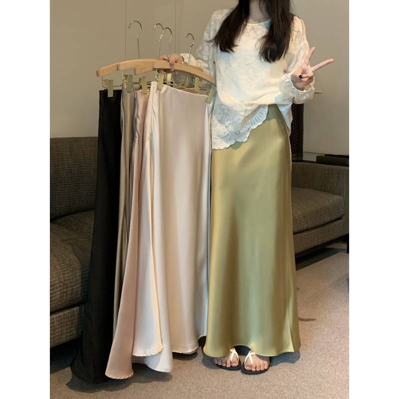 Plus Size Women's Fat New Chinese Style Elastic Waist Slimming Mid-Length Skirt Satin Silky Skirt Fishtail Long Skirt