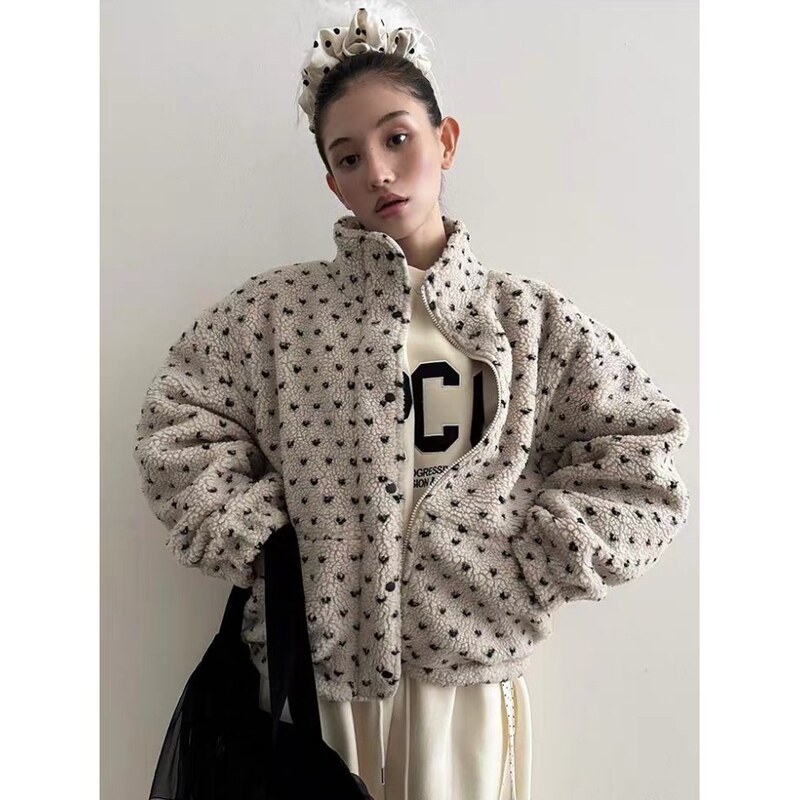 Raw C Korean Dongdaemun Yun*Al2025 Winter New Stand Collar Heart Warm Lamb Wool Jacket Women's Jacket