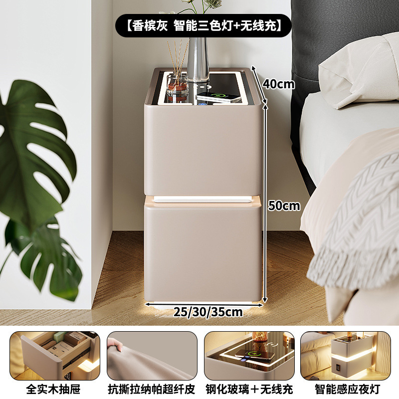 Mesita de noche inteligente, pequeña lámpara de banda ultra estrecha, cargador inalámbrico, gabinete de almacenamiento de dormitorio doméstico, gabinete estrecho con borde de cama de apartamento pequeño