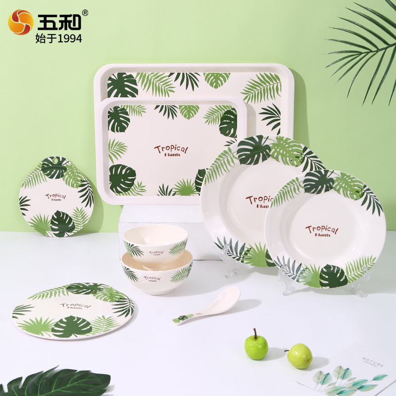 Wuhe Green Plant Dishes and Dish melamine Tableware Nordic Style Dishes and Dish Right Angle Tray Bowl Chopsticks Dishes and Dish suit Household Wholesale