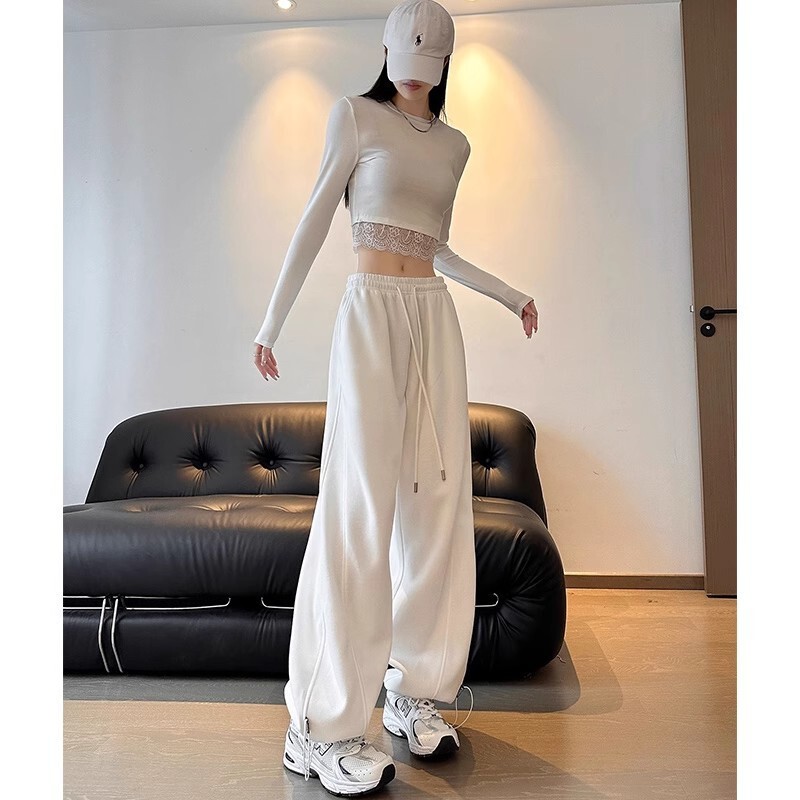 White Women's Sports Pants Spring/Summer 2026 New Wide-Leg Pants High-Waisted Drapey Straight Loose Narrow-Fit Casual Sweatpants