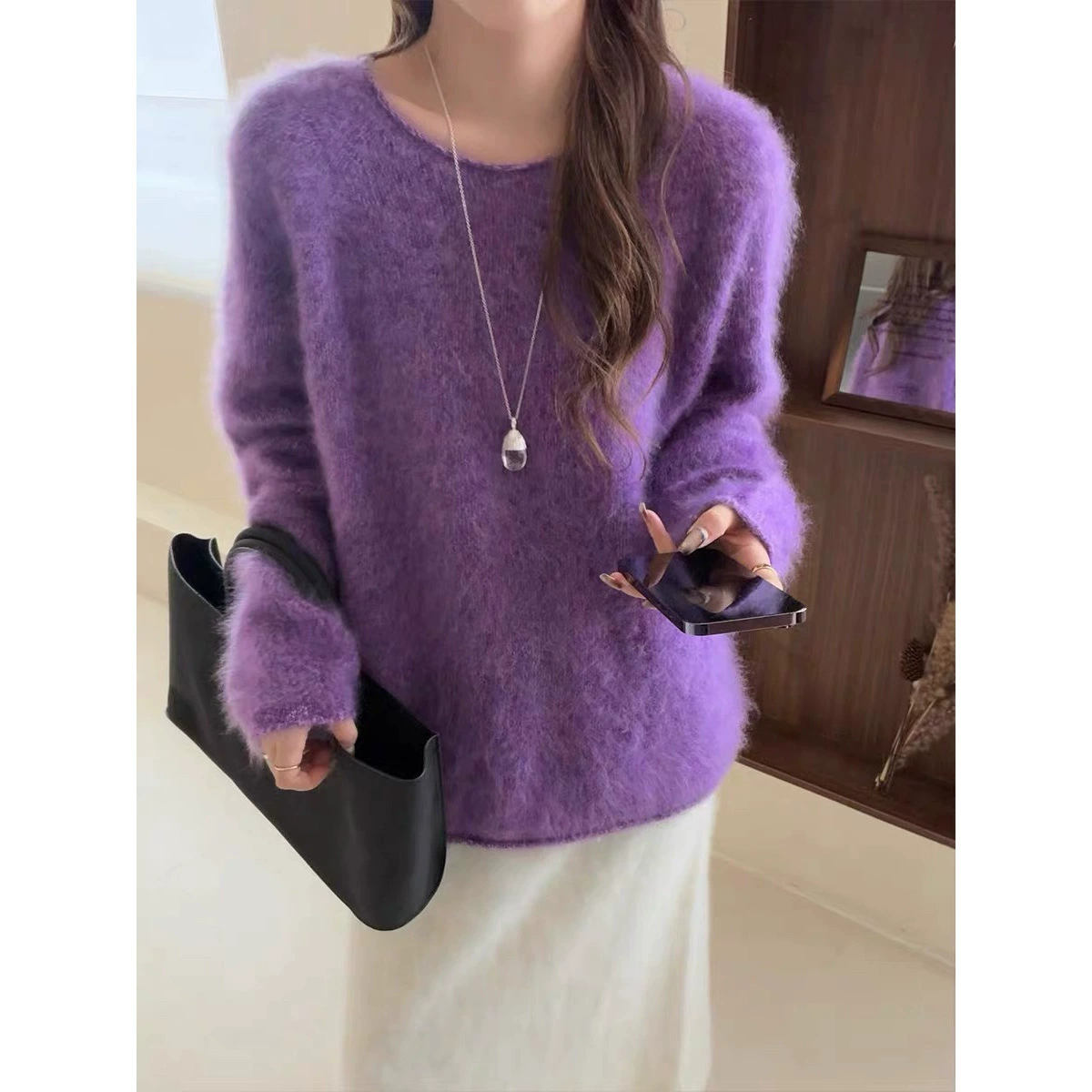 Woolen white purple sweater, loose fit