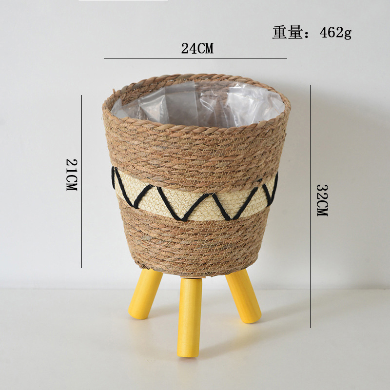 Decoración nórdica tipo piso estante de flores plantas de paja trenzadas cestas de flores de caña trenzadas maceta de loto verde balcón sala de estar estante de maceta