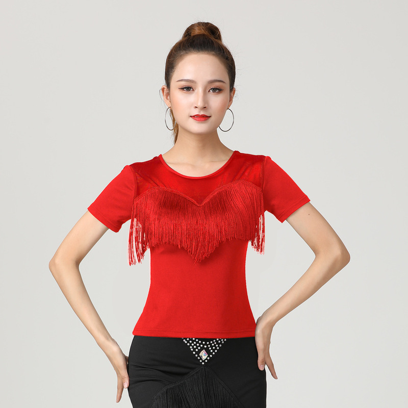 Black red fringe latin ballroom dance tops for women girls modern dance Latin dance sexy salsa rumba dance clothes tassels gauze uniforms with short sleeves