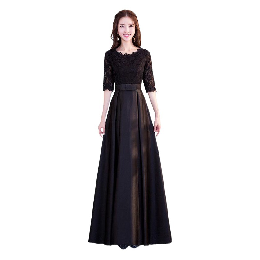 Banquete vestido de noche 2024 nuevo verano elegante manga larga adelgazamiento empresa reunión anual vestido negro largo image 1