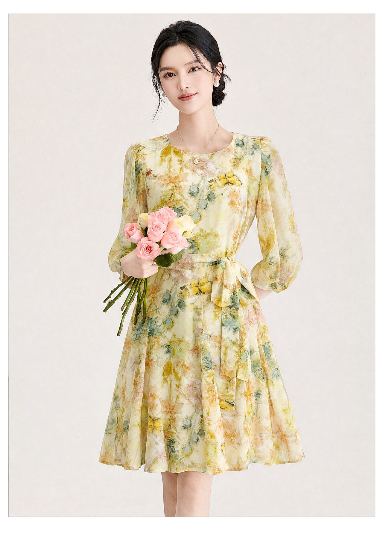 Đầm maxi nữ tay phồng hoa nhí chất liệu voan chiffon — xanh lá cây chi tiết 13