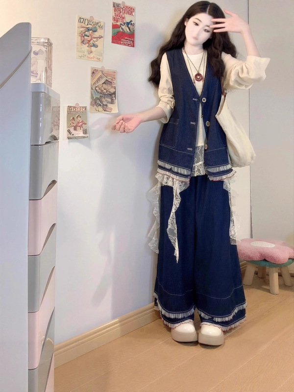 大码女装秋季新款微胖mm显瘦遮肚马甲背心阔腿裤时尚牛仔三件套女|undefined