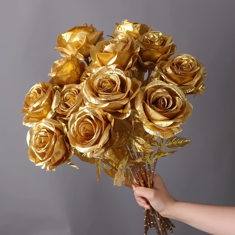 Simulated Golden Roses, Full Golden Fake Flowers, Silk Flowers, Wedding Decoration Photography Props, Living Room Home Decoration Flower Arrangements