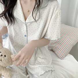 蓝边碎花睡衣套装女 夏季新款短袖短裤开衫家居服两件套 一件代发