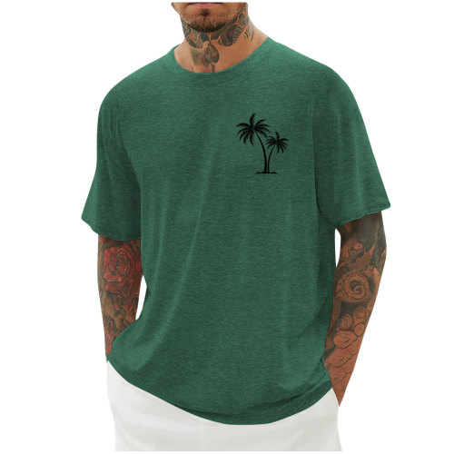 New Amazon Men's Clothing, Men's Drop Shoulder Sleeve Solid Color Top, Sporty Casual Coconut Tree Print Short-Sleeve T-Shirt