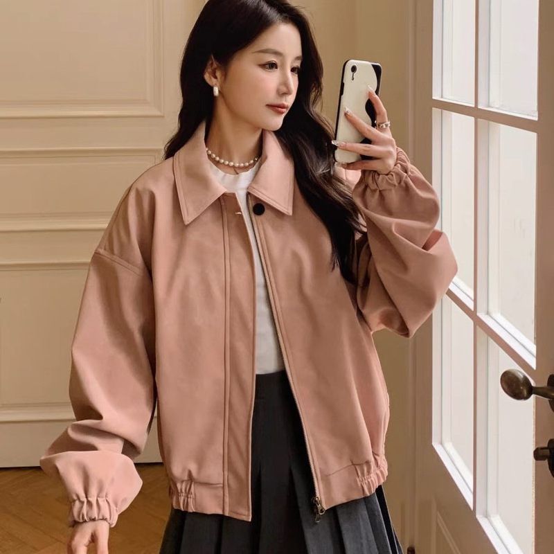 South Korea Leather Pink Baseball Suit Coat Women's Spring and Autumn New Korean Style Sweet Loose Casual College Style Jacket Top South Korea Leather Pink Baseball Suit Coat Women's Spring and Autumn New Korean Style Sweet Loose Casual College Style Jacket Top