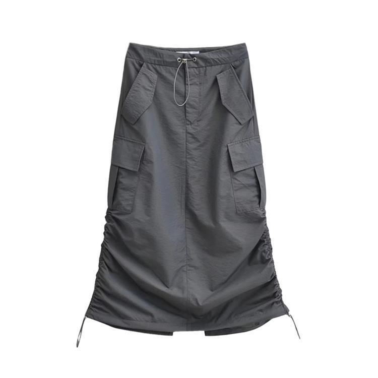 Small Many Pocket High Waist Cargo Skirt Sweet Cool Spice Girl Design Drawstring Pleated Slit Over-the-Knee Long Skirt