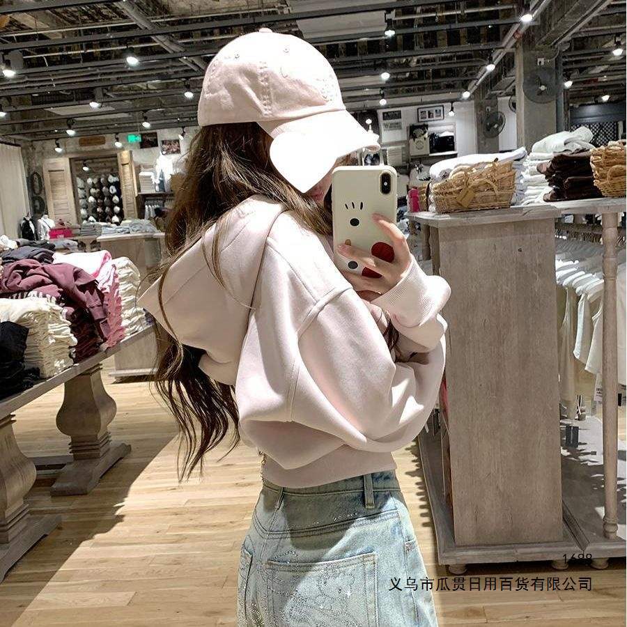 灰色短款拉链卫衣外套女春秋大衣内搭早秋季连帽开衫宽松上衣穿搭