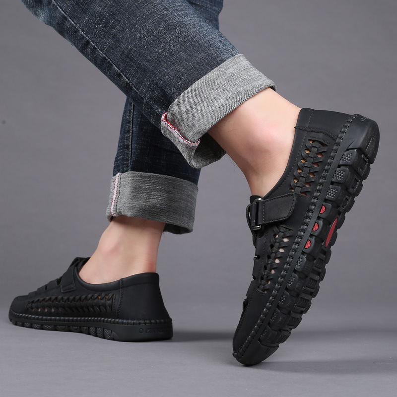 Sandalias de verano para hombre, zapatos casuales de cuero hechos a mano, zuecos transpirables huecos, zapatos comerciales para hombre, zapatos de exterior para hombre de mediana edad