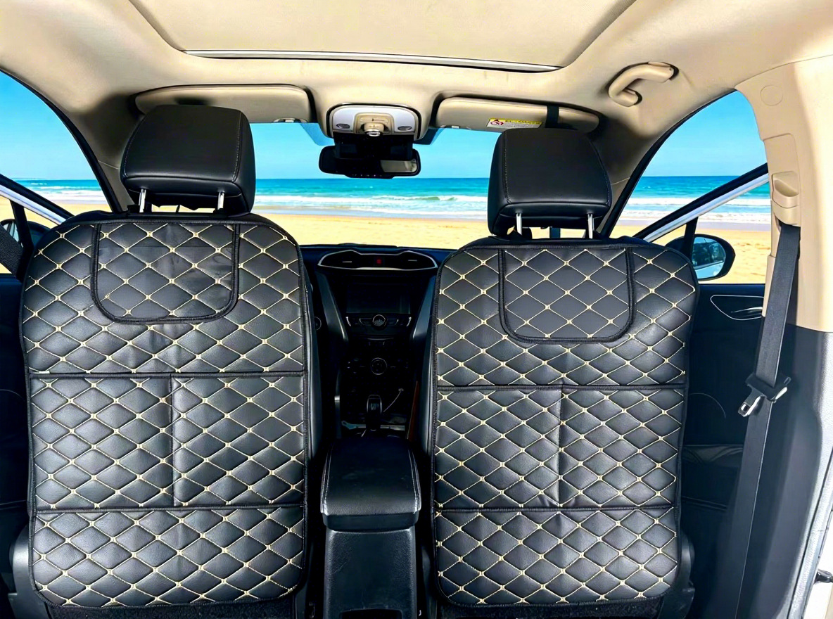 1-piece diamond embroidery pattern seat anti-kick pad, car seat back storage bag, phone holder, full-cover anti-kick pad