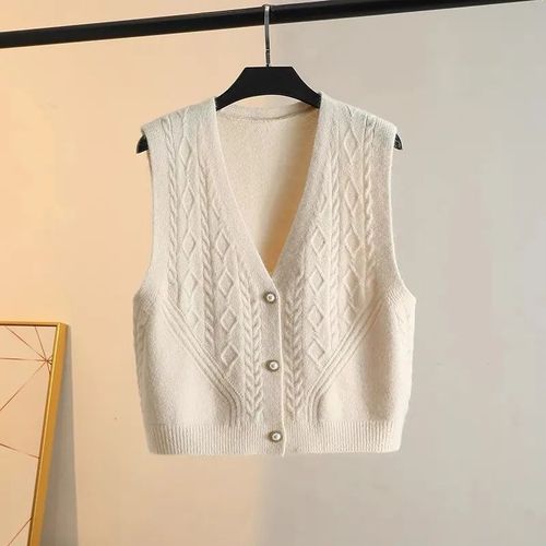 Cardigan vest for women, suitable for spring and autumn, versatile V-neck single-breasted short-sleeve sweater, interlocking stitch, paired with a plain jacket.
