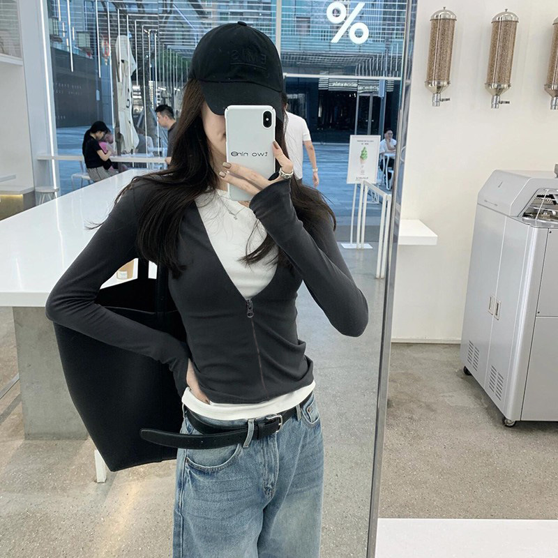 独特假两件上衣早秋冬季撞色辣妹长袖T恤女拉链款小众设计打底衫|undefined