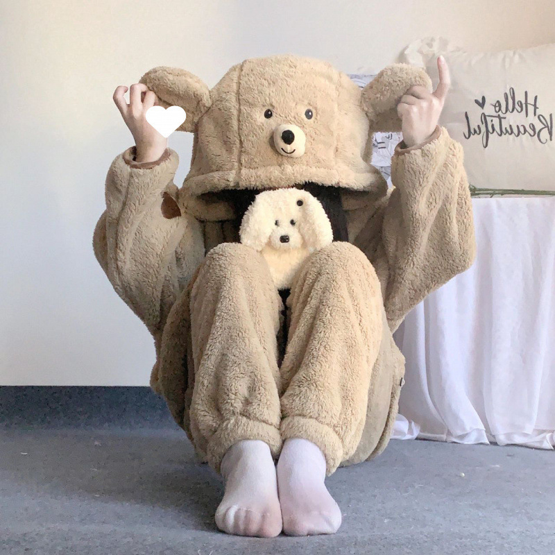 귀여운 테디 베어 산호 양털 잠옷 여성 가을 겨울 인터넷 인기있는 후드 플란넬 기모 두꺼운 겨울 홈 옷