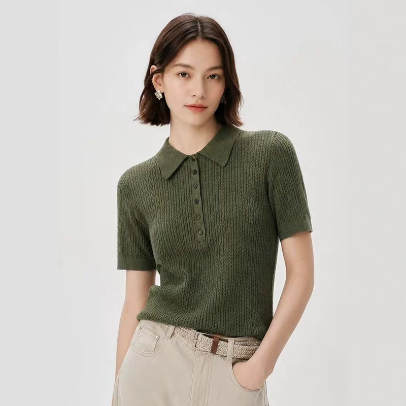 M* Women's Clothing Mall Same Style 2026 Summer New Simple Casual Old Money Style Cable Knit Polo Collar Short Sleeve Sweater