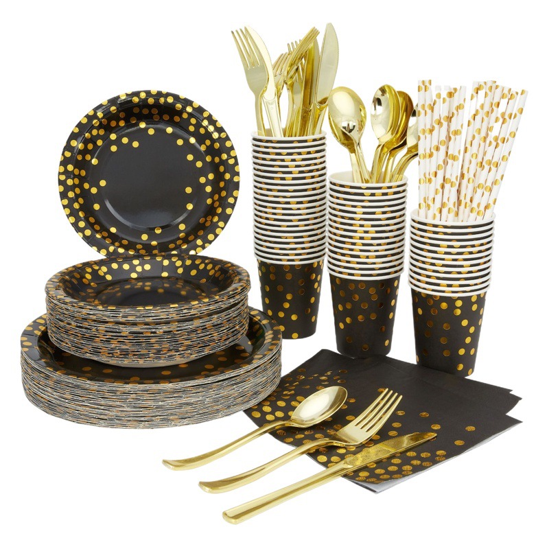 Bronceado punto negro vajilla engrosada taza de papel pastel plato de papel cuchillo de oro tenedor cuchara tejido decoración del partido suministros traje