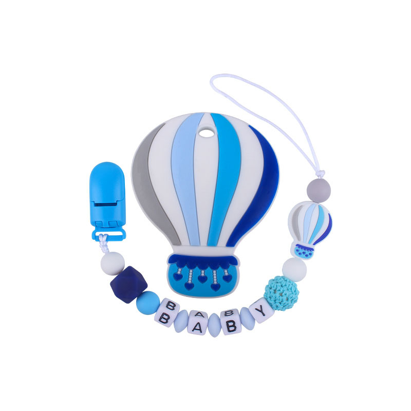 Bebé de dibujos animados de color globo de aire caliente de silicona teether personalizable nombre del bebé pezón anti-caída cadena teether traje