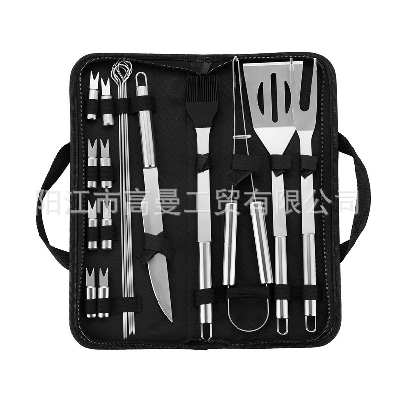 Juego de herramientas para barbacoa personalizado para comercio electrónico transfronterizo, exportación de fábrica, venta al por mayor, portátil, varios estilos, con bolsa de tela y asa pequeña.