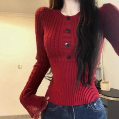 韩系辣妹修身麻花新年红色毛衣女秋冬季高级感内搭打底针织衫上衣