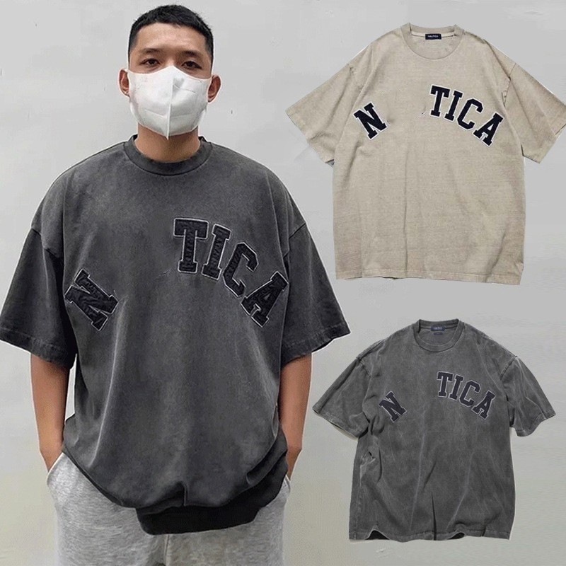 Japanese-Style Nautica Cold-Dyed Washed Vintage Round-Neck Short-Sleeve T-Shirt for Men with Letter Embroidery, Trendy Base Shirt Half-Sleeve Top