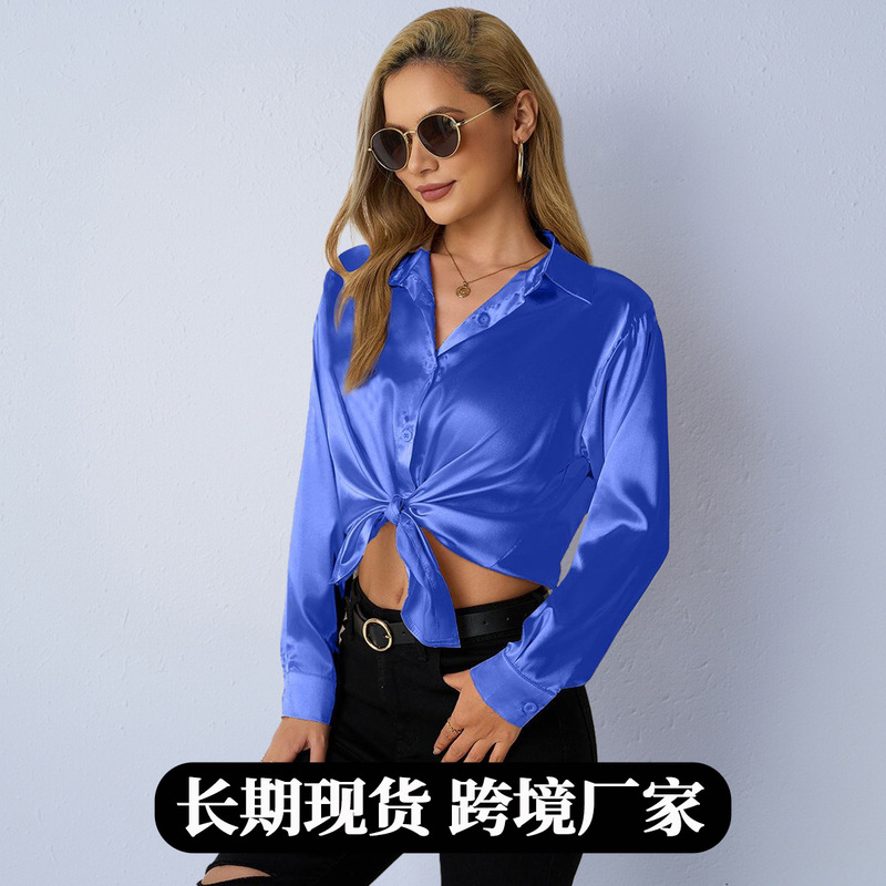 Real Shot of Foreign Trade Women's Clothing, European and American Style Autumn Satin Shirt, Simple V-Neck Cardigan, Loose-Fitting Women's Top