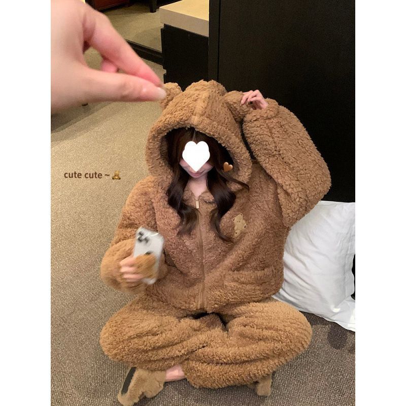(2개) 귀여운 곰 잠옷 여성 겨울 두꺼운 따뜻한 산호 양털 정장 캐주얼 잠옷 바지 바지 홈 의류 투피스 세트