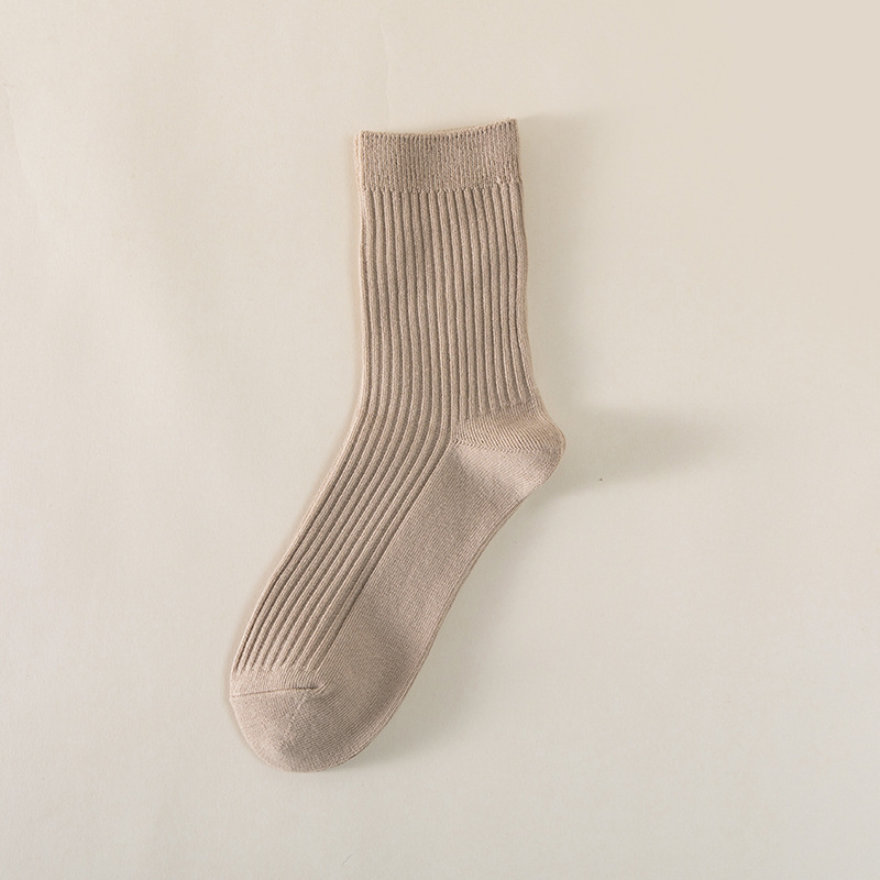 Otoño e invierno calcetines de aguja doble a rayas verticales algodón Mediados de la pantorrilla de color sólido de algodón peinado cordón cálido transpirable calcetines de algodón absorbentes de sudor