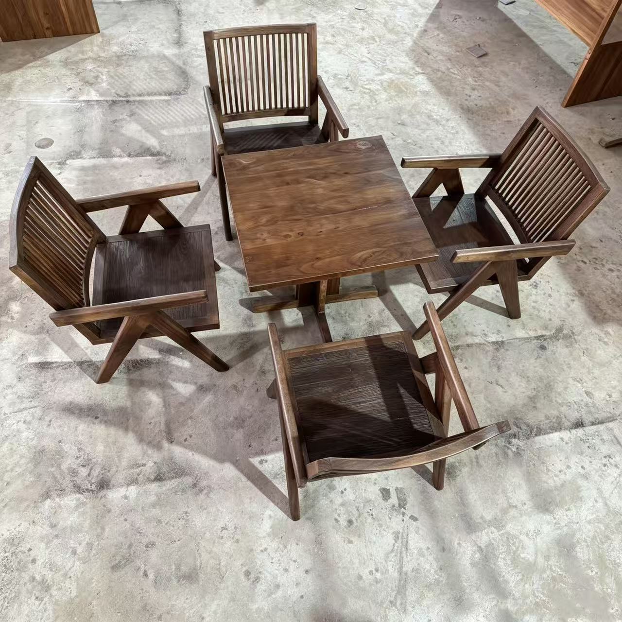 Wholesale old elm wood dining table, square table, cafe and pub dining table set, small homestay courtyard leisure dining chair set