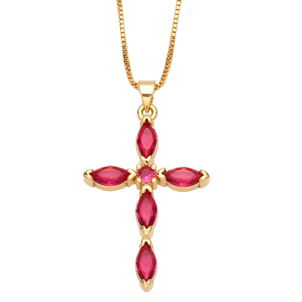 fashion cross copper gold-plated inlaid color zircon necklace