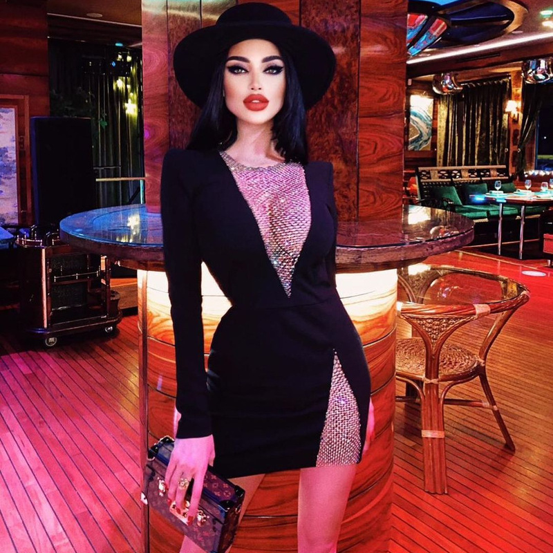2025 Spring European and American Style Trendy Ins Sexy Mesh Rhinestone Socialite Long-Sleeve Bandage Slim-Fit Dress Bandage Dress