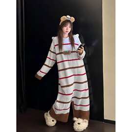 酷猫半边绒睡衣女秋冬季加绒加厚针织长袖一体式连体衣家居服套装