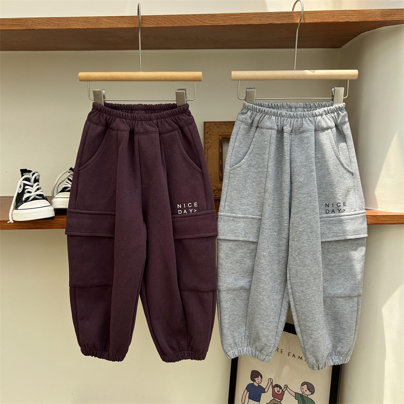 Pantaloni da lavoro e da sport per bambini autunnali 2024 per ragazzi e ragazze, tinta unita, con grandi tasche e lettere_voghion.com