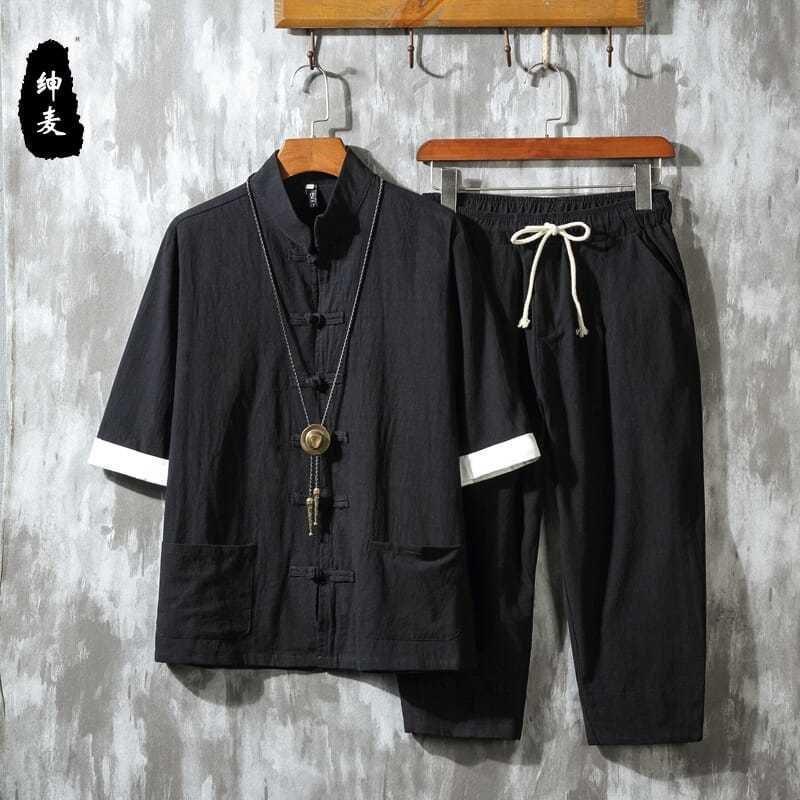 (2개) 중국 스타일 리넨 세트 남성 여름 세븐 슬리브 남성면 및 리넨 한푸 빈티지 탕 세트 중국 튜닉 코트 코트