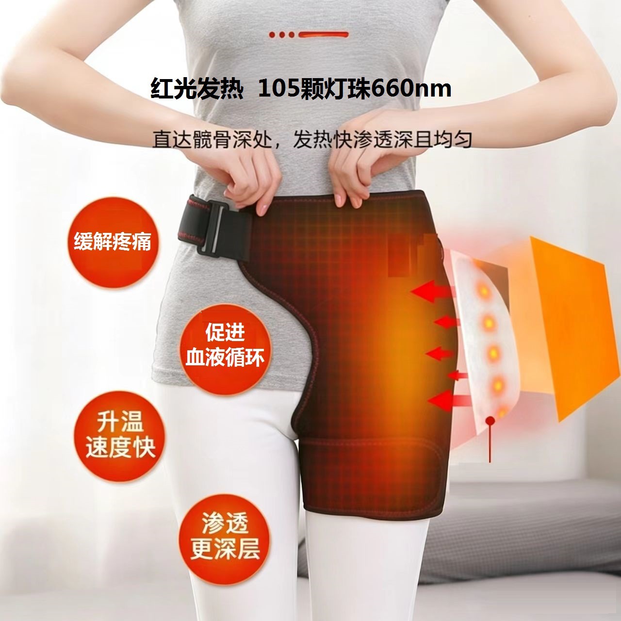 Red Light Heating Massage Hip Brace with Three-Level Adjustable Vibration Massage and Hot Compress, 105 Light Beads, 660Nm Protective Gear