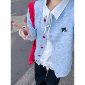 韩系穿搭针织衫小猫刺绣蓝色上衣春秋慵懒风外搭毛衣开衫外