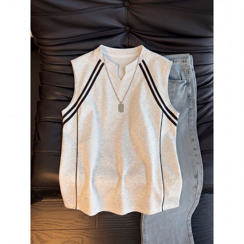 Men's American Retro Striped Patchwork Sports Vest Summer Casual Loose V-Neck Sleeveless T-Shirt for Young Men
